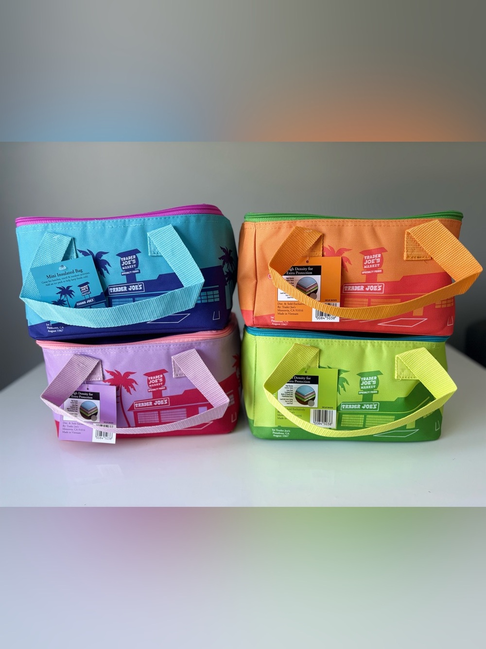 Trader Joe’s Mini Insulated Lunch Tote 4 Pack Neon Pastel Cooler Bags NWT